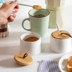 Azucarero de porcelana con tapa de madera 200 ml