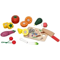 Balde con frutas y verduras de madera