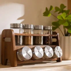 Set 8 especieros vidrio con rack de madera 90 ml
